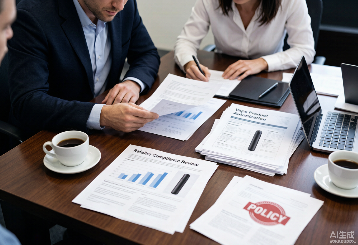 Retail compliance review meeting with vape product authorization paperwork and payment network policy documents