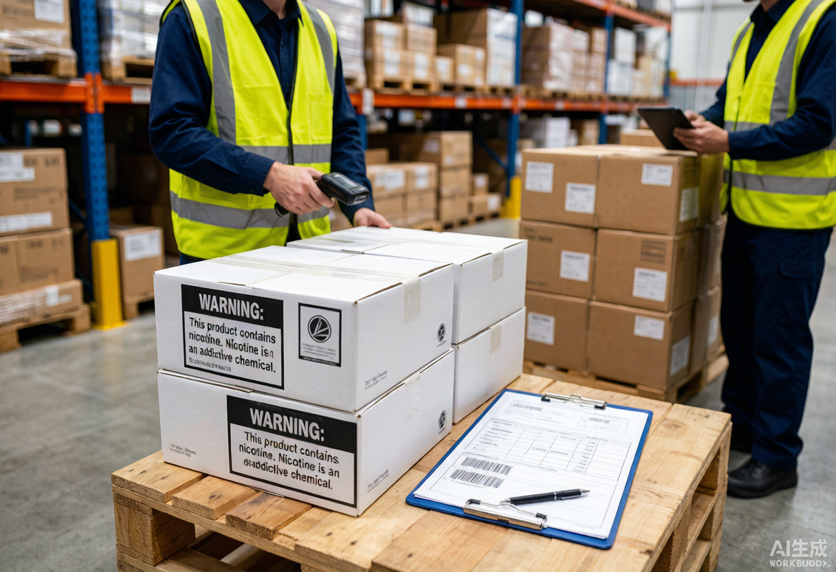 Global nicotine pouch supply chain warehouse with pallets, product cartons, and customs documentation